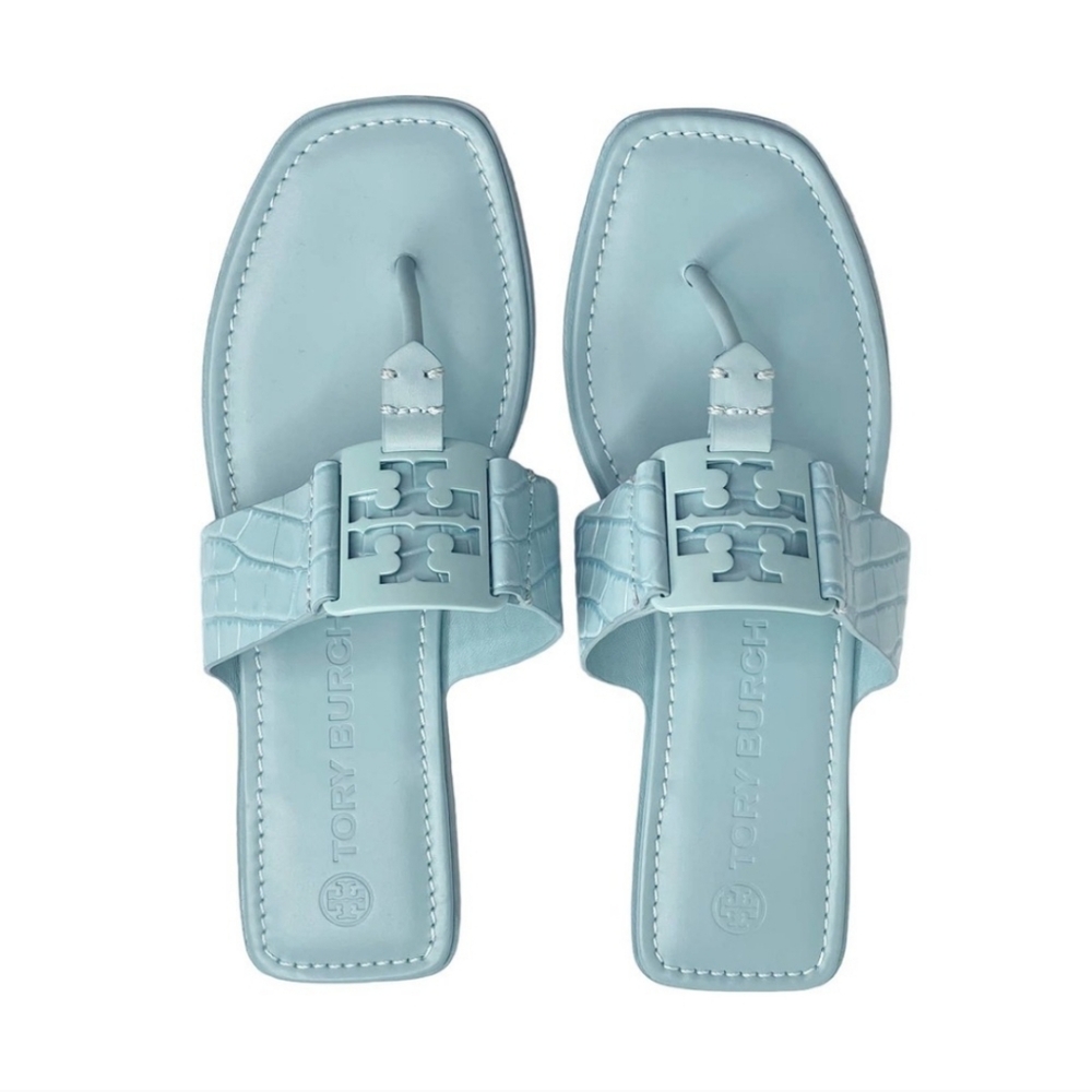 TORY BURCH Georgia Northern Blue Soft Croc Embossed Logo Sandal 9.5